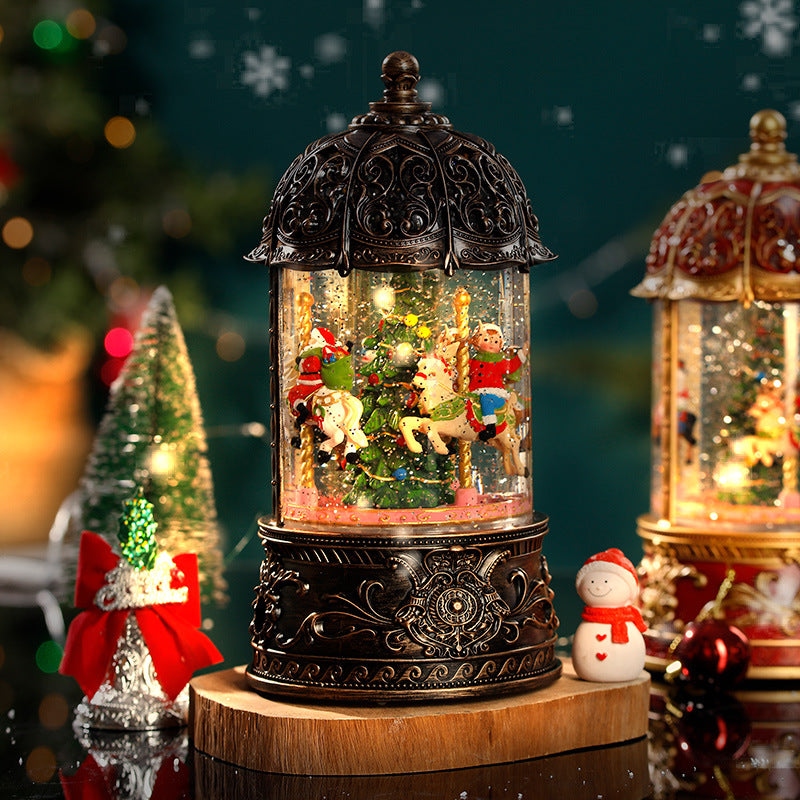 Decorative Christmas carousel music box, a charming snow globe centerpiece with Santa and reindeer figures, perfect for mantelpieces or as a unique festive present, featuring an antique-inspired design.