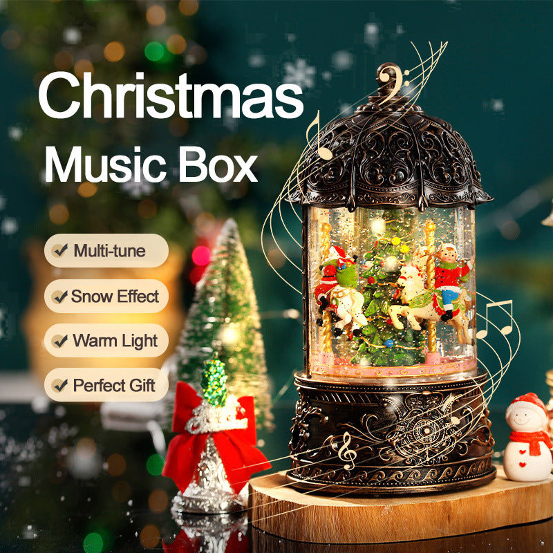 Decorative Christmas carousel music box, a charming snow globe centerpiece with Santa and reindeer figures, perfect for mantelpieces or as a unique festive present, featuring an antique-inspired design.