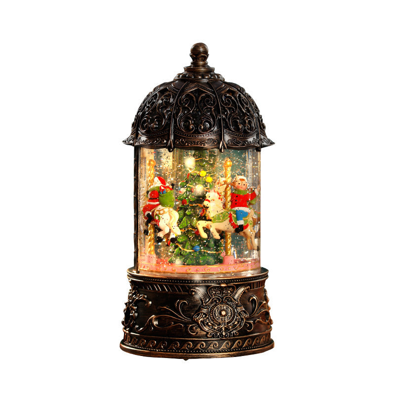 Classic Christmas carousel music box, snow globe with Santa, reindeer, vintage bronze design, holiday decor, festive gift.