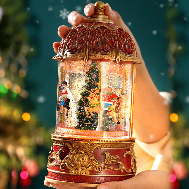 Classic Christmas carousel music box, snow globe with Santa, reindeer, vintage bronze design, holiday decor, festive gift.