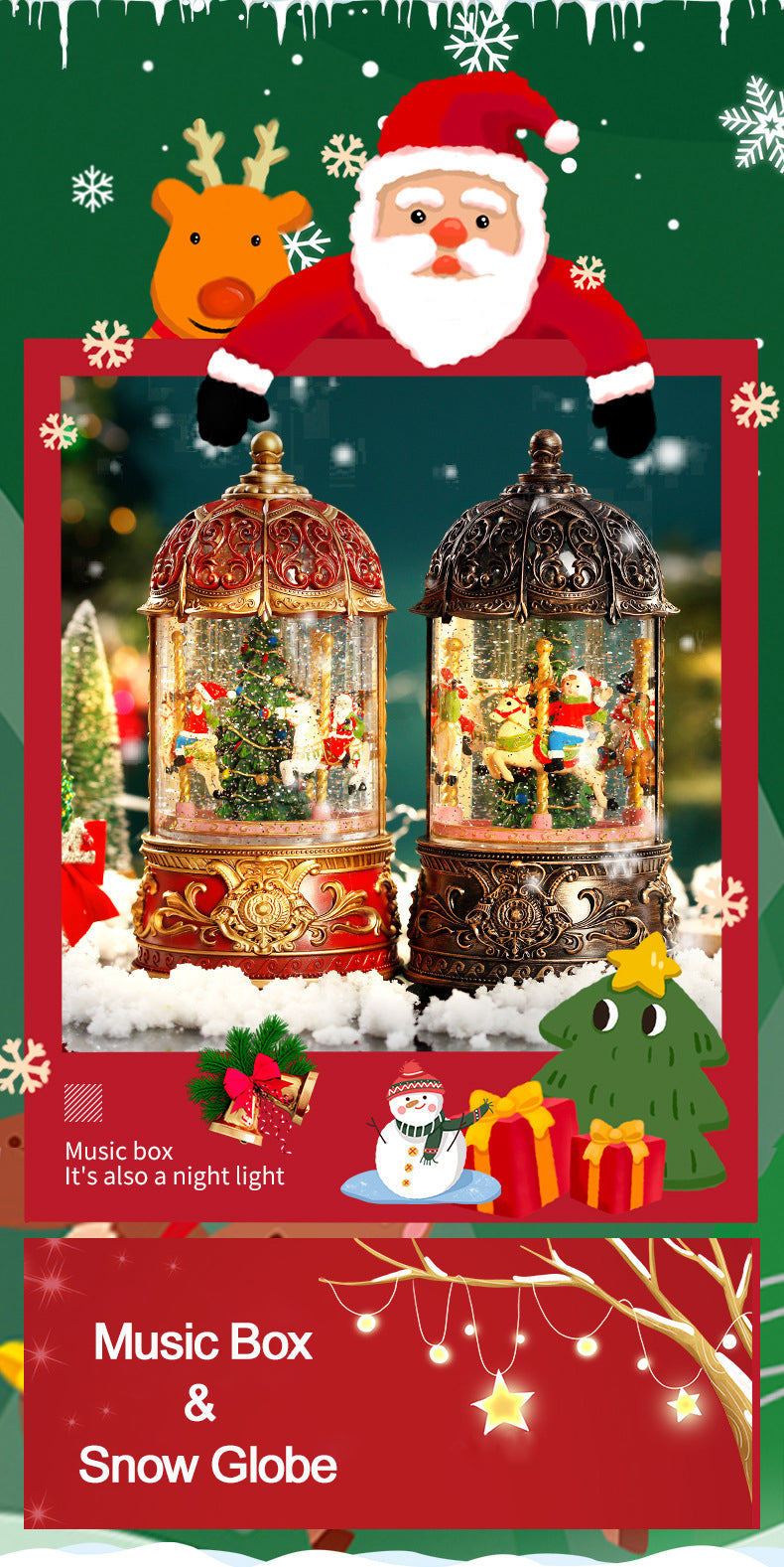 Vintage Christmas carousel music box with a rotating snow globe, depicting Santa Claus and reindeer, set on an antique bronze base with musical note engravings, perfect for holiday decor and gifts.