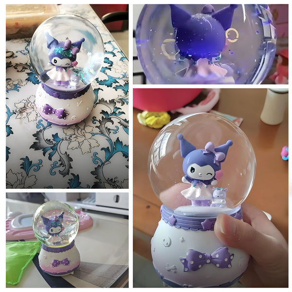 Creative cartoon rabbit rotating music box snow globe with purple base and bunny figurine.