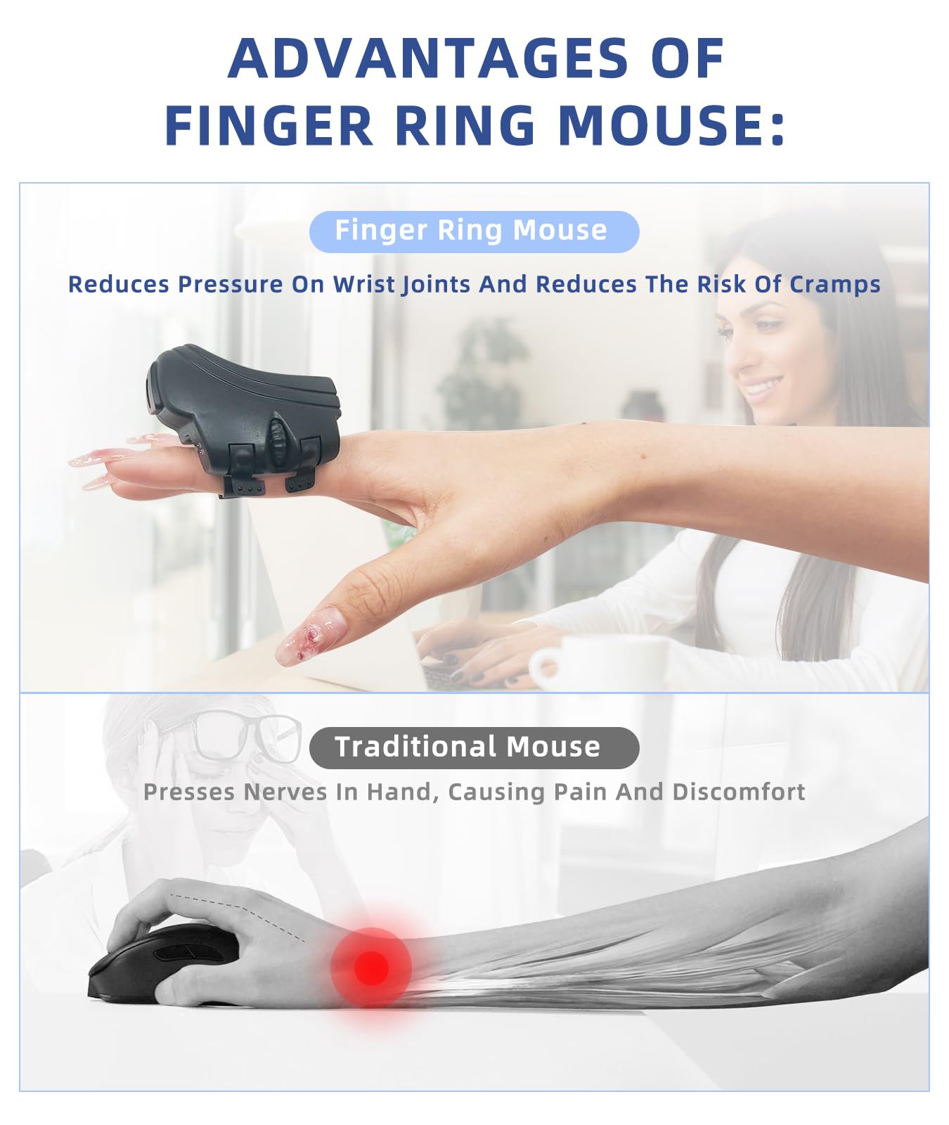 Compact wearable finger trackball mouse with 2.4 GHz wireless USB and optical tracking