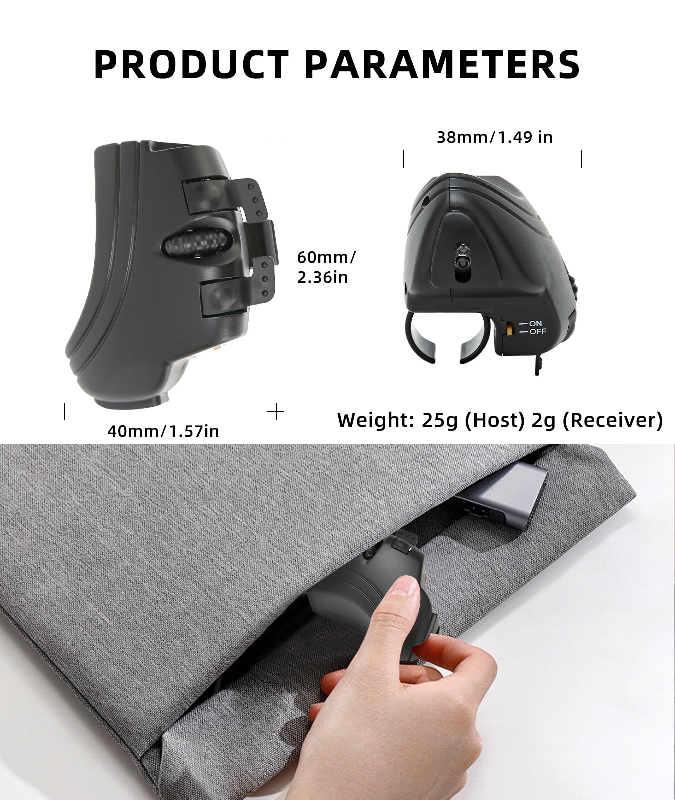 Wearable ergonomic finger trackball mouse – precise optical navigation, lightweight and rechargeable, ideal for travel