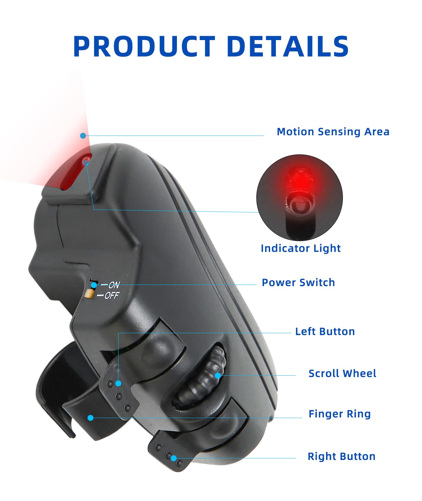 Wearable ergonomic finger trackball mouse – precise optical navigation, lightweight and rechargeable, ideal for travel