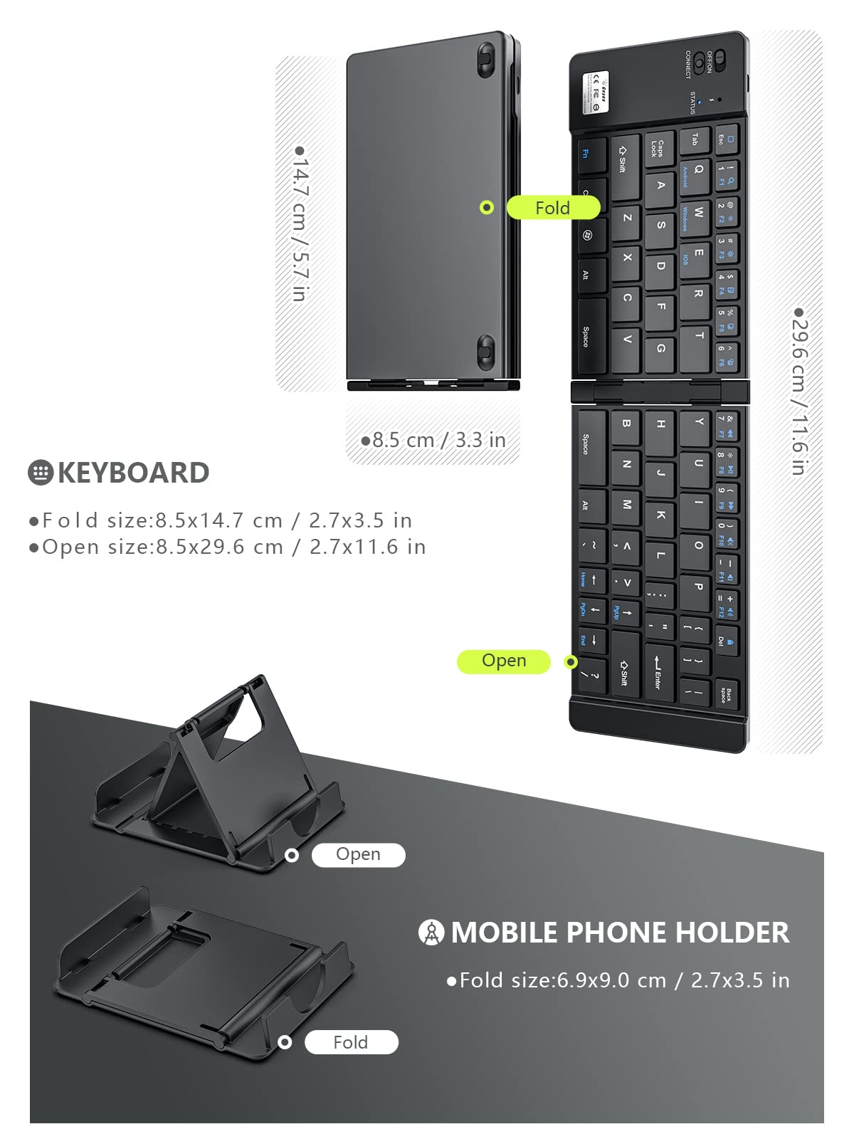 Tri-fold Bluetooth keyboard with ergonomic layout for on-the-go typing across devices