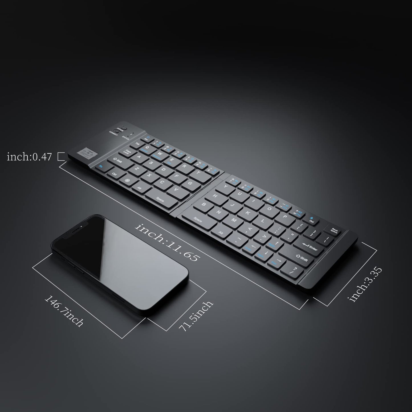 Tri-fold Bluetooth keyboard with ergonomic layout for on-the-go typing across devices