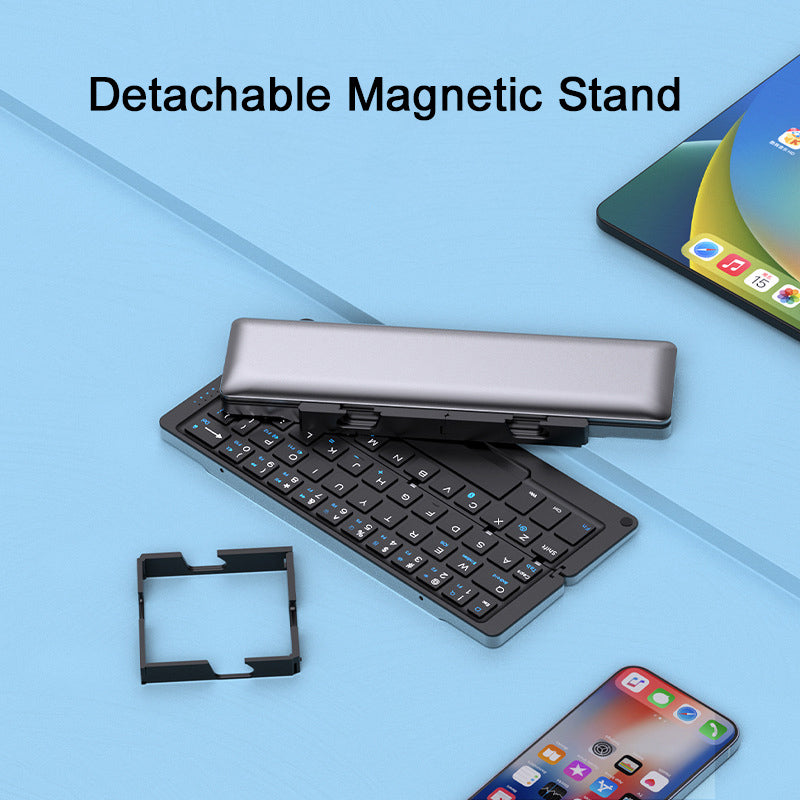 Compact foldable Bluetooth keyboard with magnetic device stand, compatible with iOS, Android, Windows, macOS