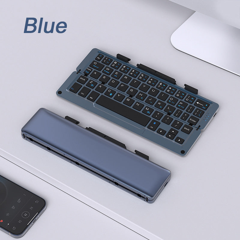 Compact foldable Bluetooth keyboard with magnetic device stand, compatible with iOS, Android, Windows, macOS