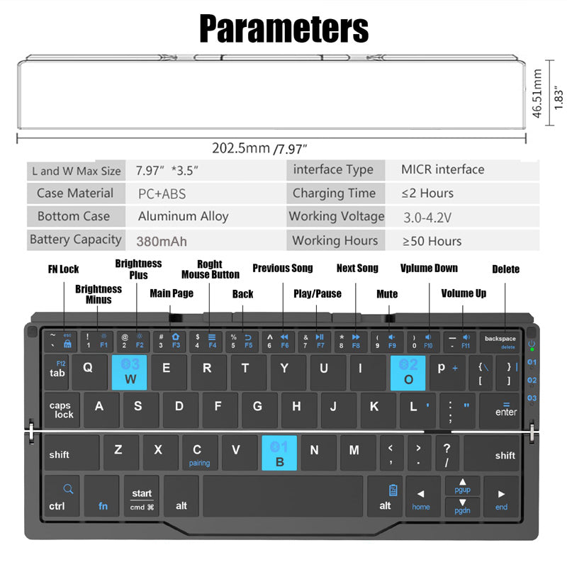 60-key aluminum alloy foldable Bluetooth keyboard with hidden magnetic stand—lightweight travel companion