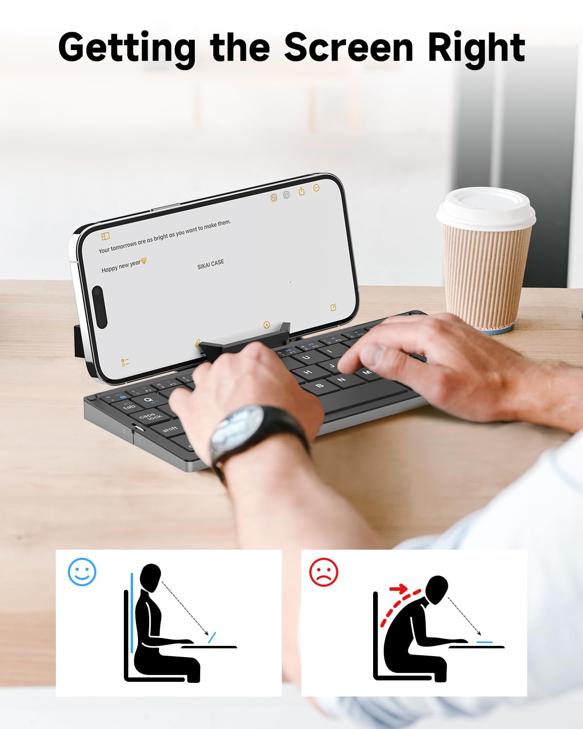 Miniature foldable Bluetooth keyboard opens to full QWERTY layout, includes magnetic stand to hold phone or tablet upright