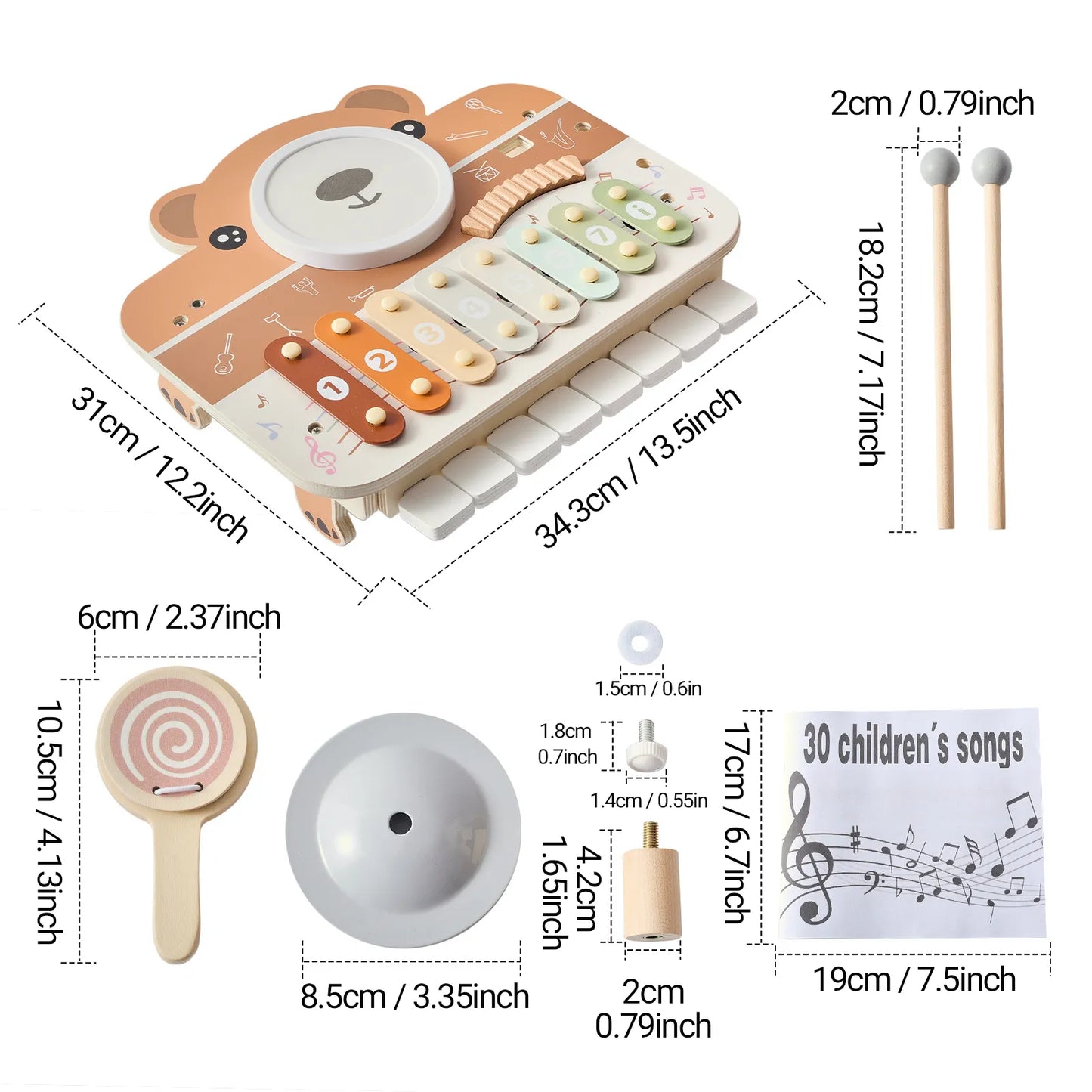 Wooden toy piano with measurements and additional musical instruments on a white background