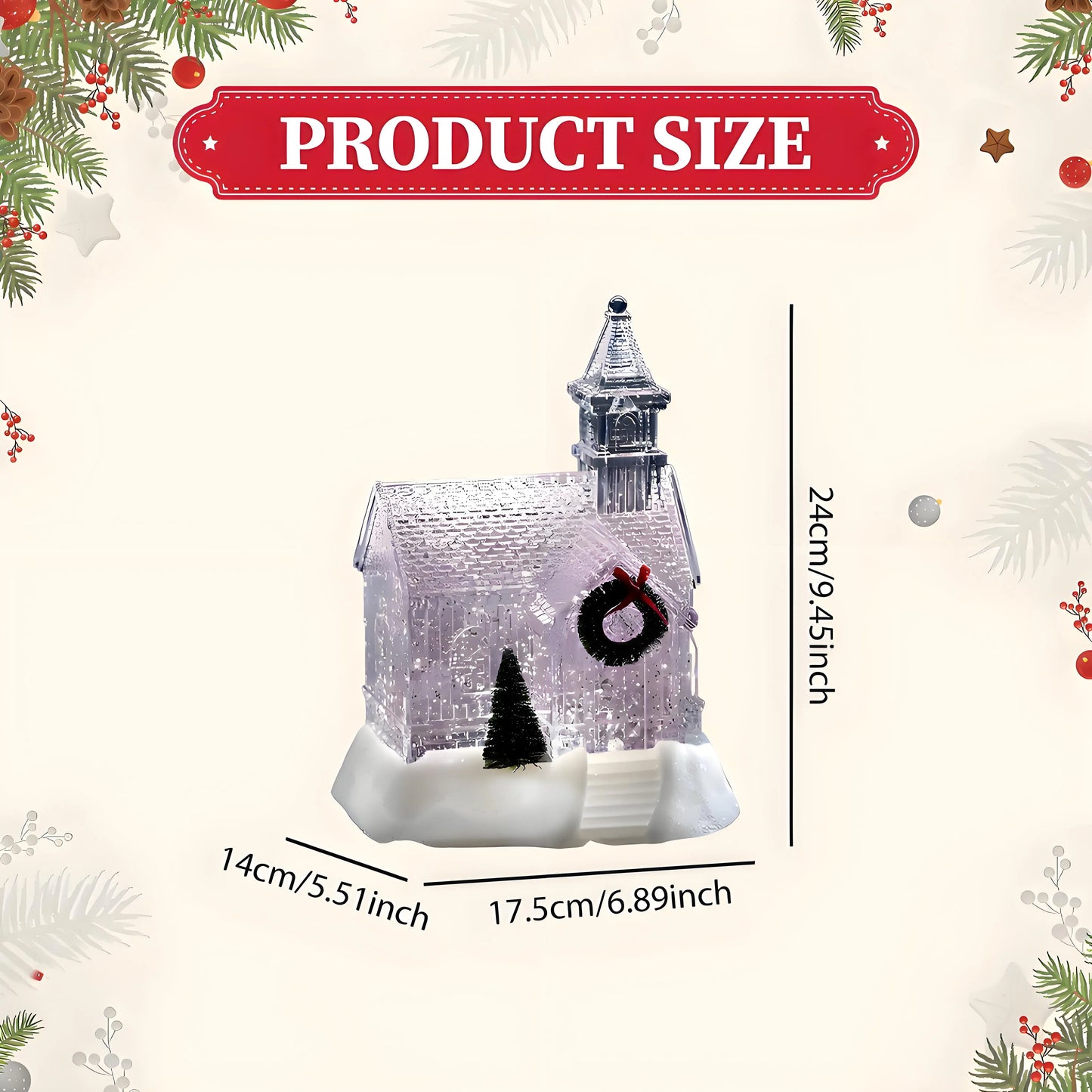 Christmas-themed product with measurements on a decorative background