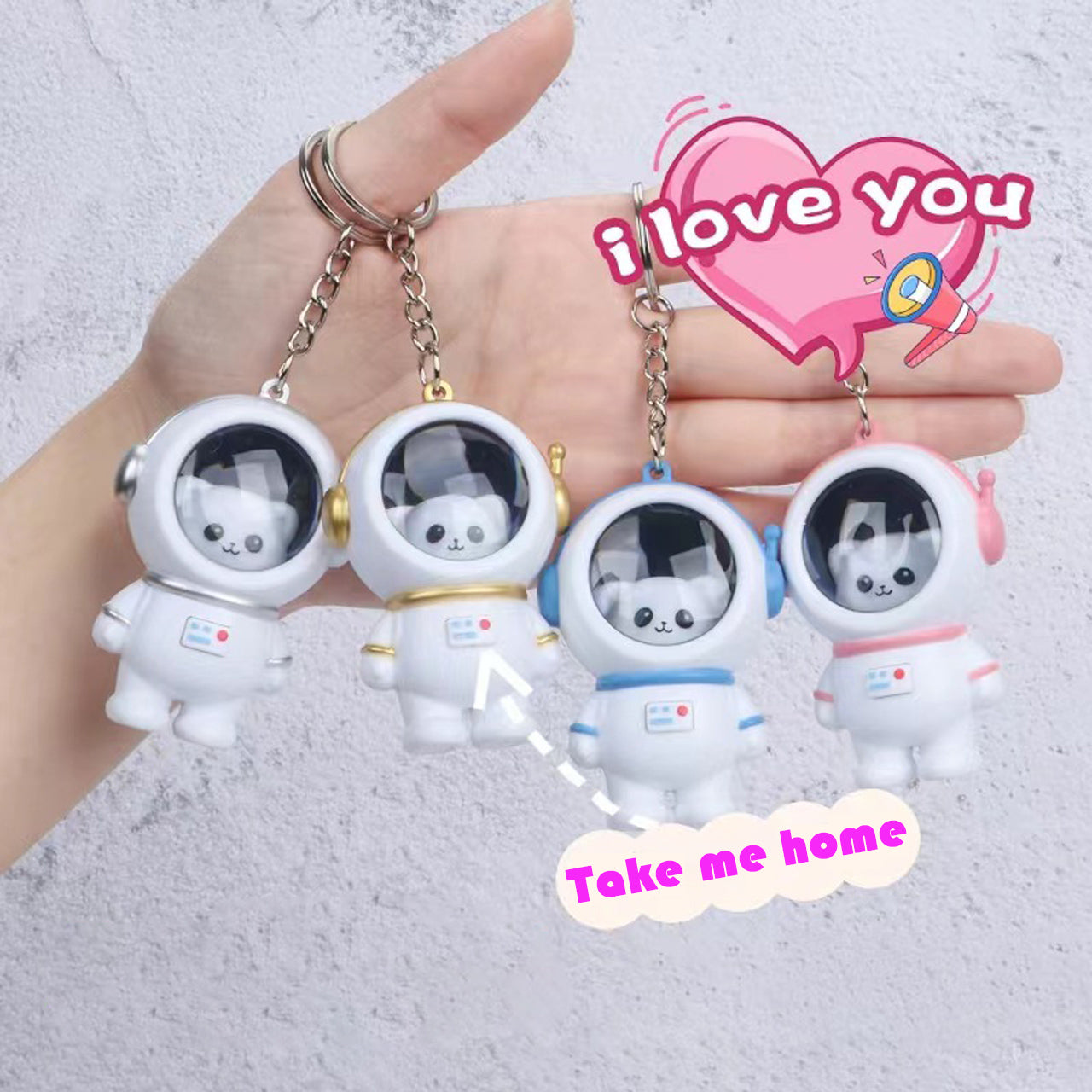 Talking “I Love You” astronaut keychain glowing in sunset tones, ideal for car keys and backpacks