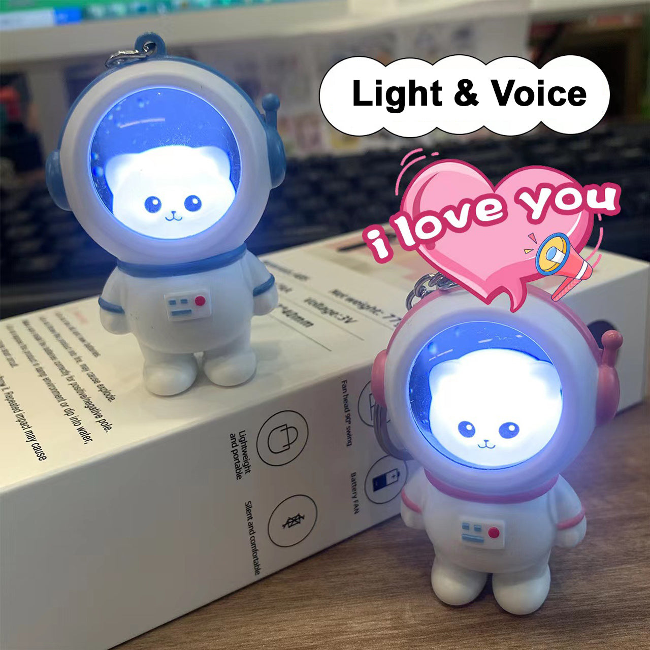 Heartwarming “I Love You” talking astronaut keychain with sunset LED illumination for bags or car keys