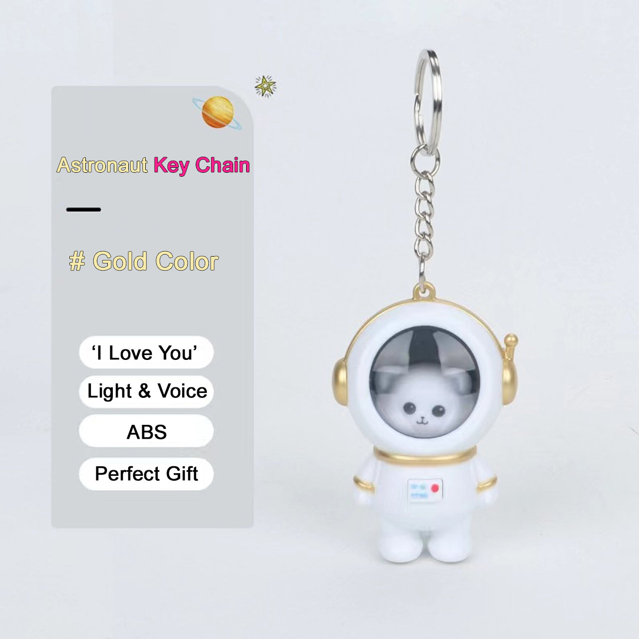Heartwarming “I Love You” talking astronaut keychain with sunset LED illumination for bags or car keys