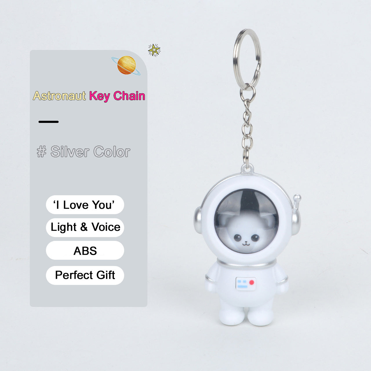 Heartwarming “I Love You” talking astronaut keychain with sunset LED illumination for bags or car keys