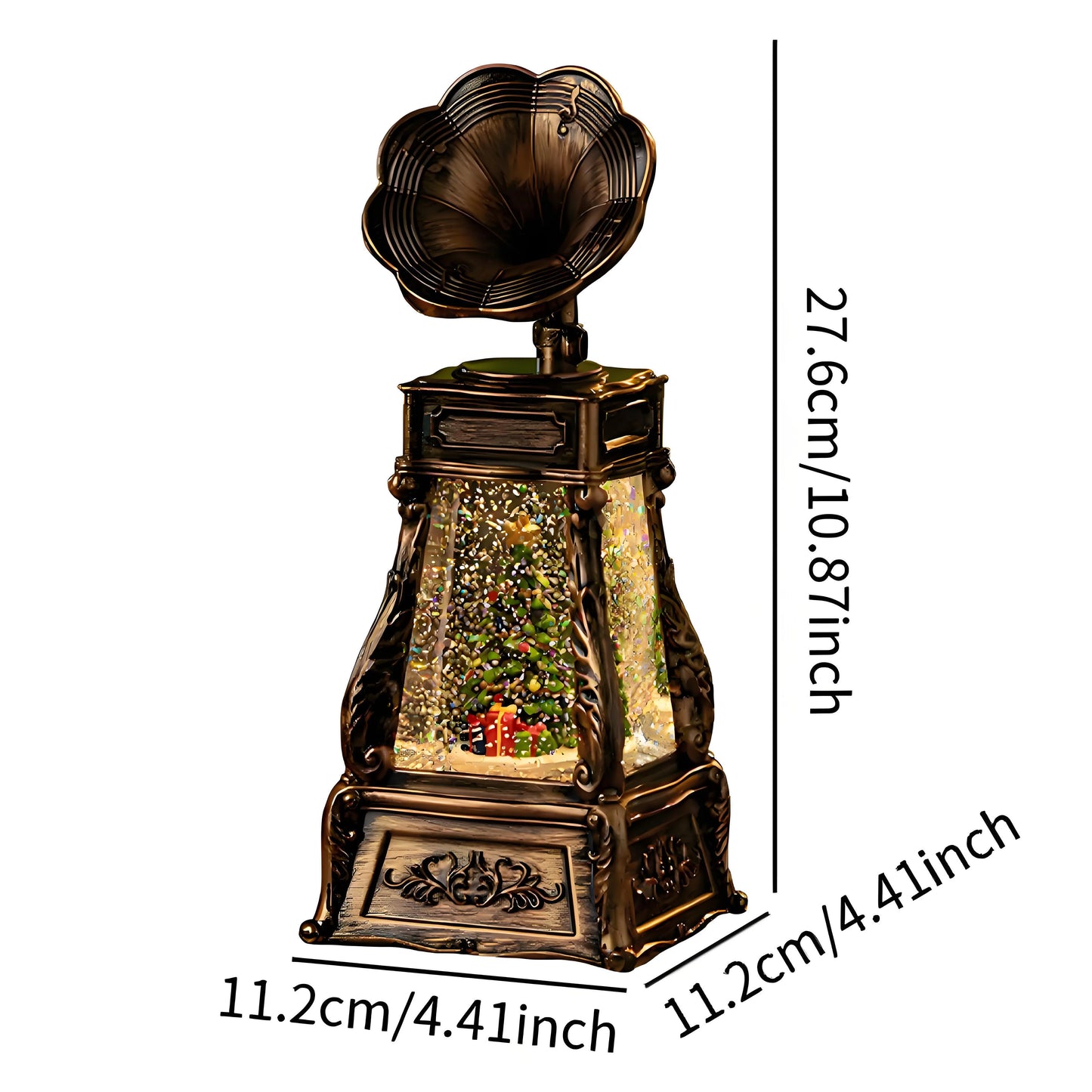 Phonograph style musical snow globe with swirling glitter snow, USB and battery powered for flexible placement.