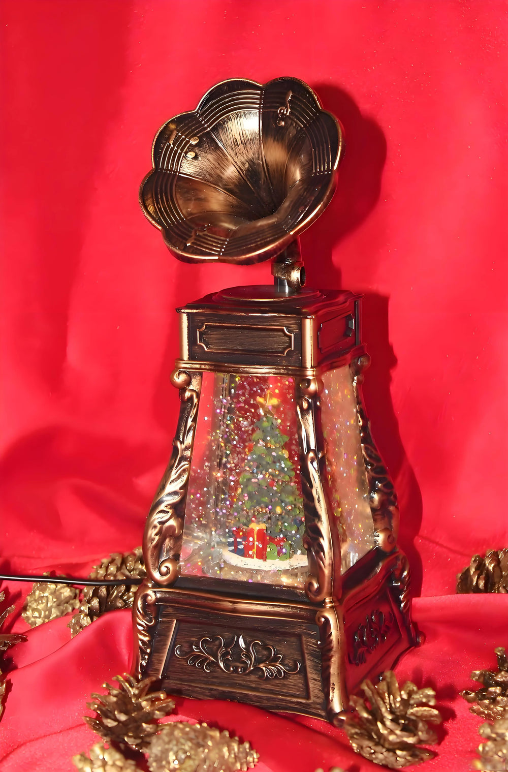 Musical Christmas snow globe inspired by classic phonograph design, cozy and nostalgic.