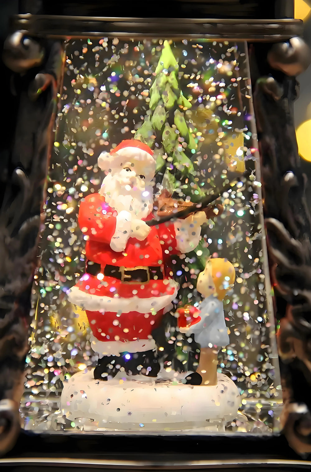 Phonograph shaped Christmas snow globe with swirling snow and nostalgic vintage appearance.