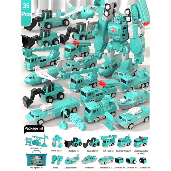 Kids assembling a magnetic excavator and truck, promoting STEM skills and imaginative play with RoboCar Adventure.
