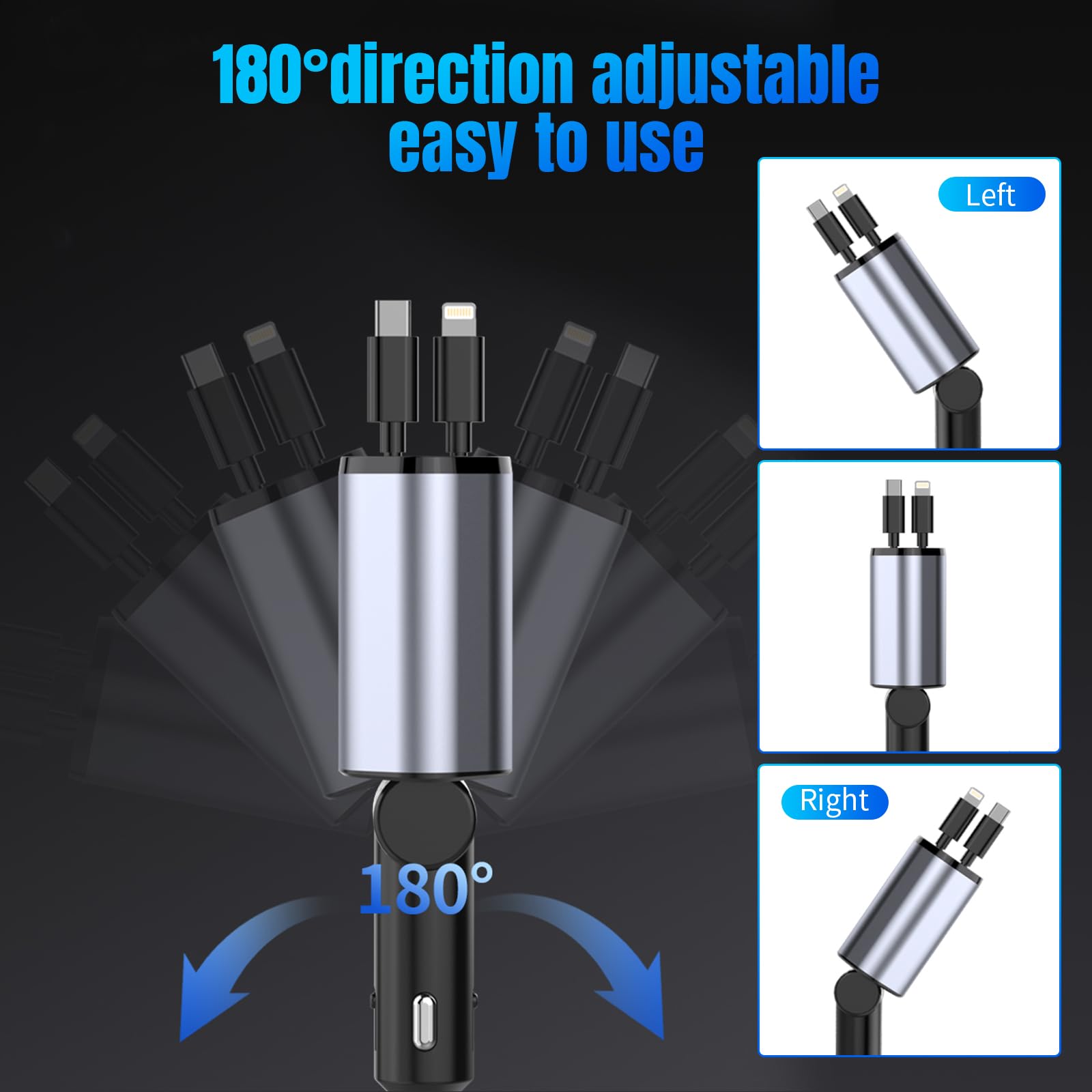 120W Fast Car Charger, 4-in-1 with Retractable C-type and Lightning Cables, USB-A & PD Ports