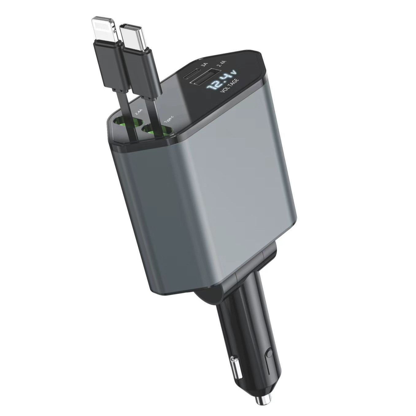 Tangle-Free 4-in-1 120W Car Charger with Built-In Retractable Cables and Versatile USB Ports