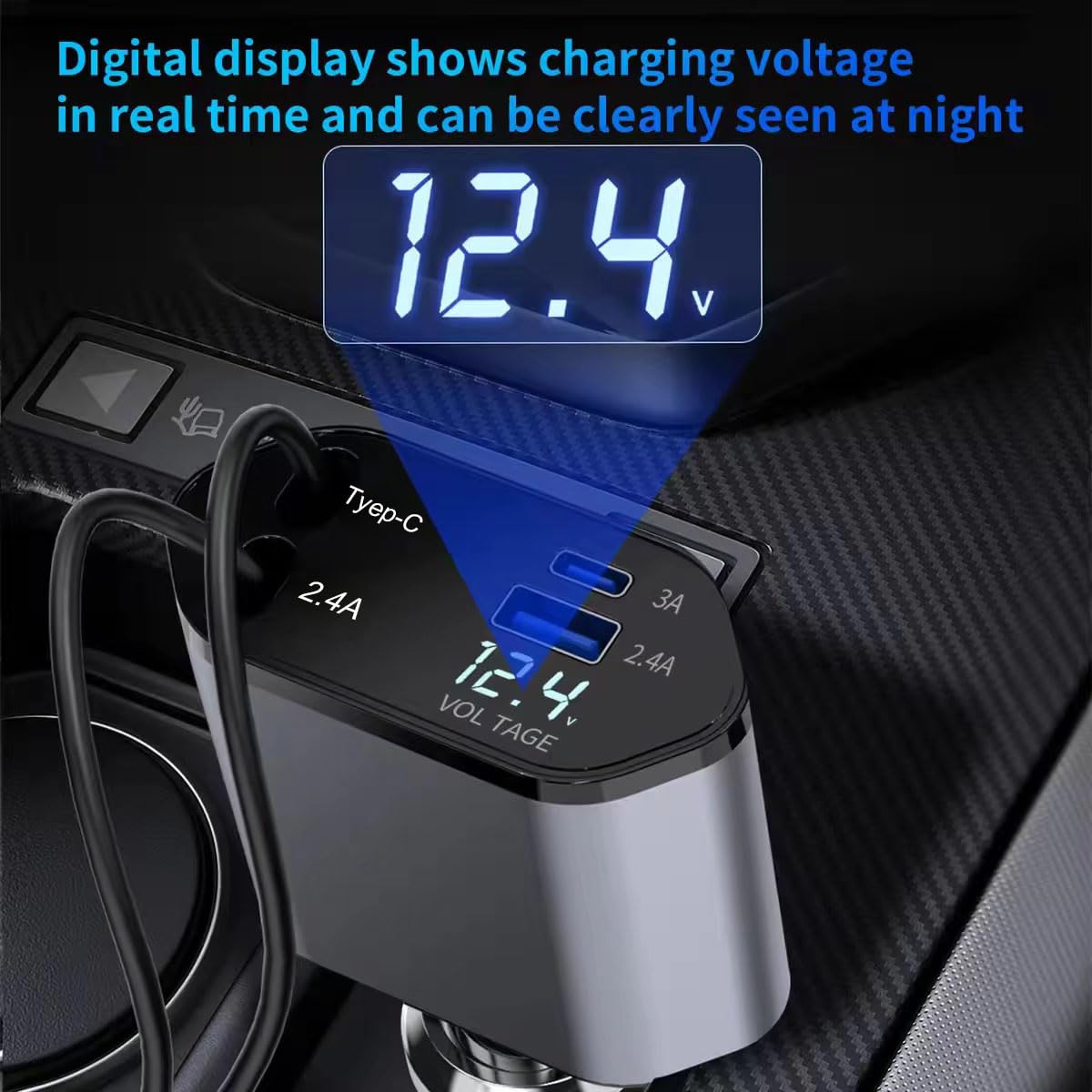 Tangle-Free 4-in-1 120W Car Charger with Built-In Retractable Cables and Versatile USB Ports