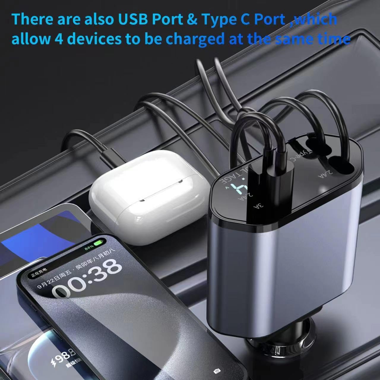 Tangle-Free 4-in-1 120W Car Charger with Built-In Retractable Cables and Versatile USB Ports