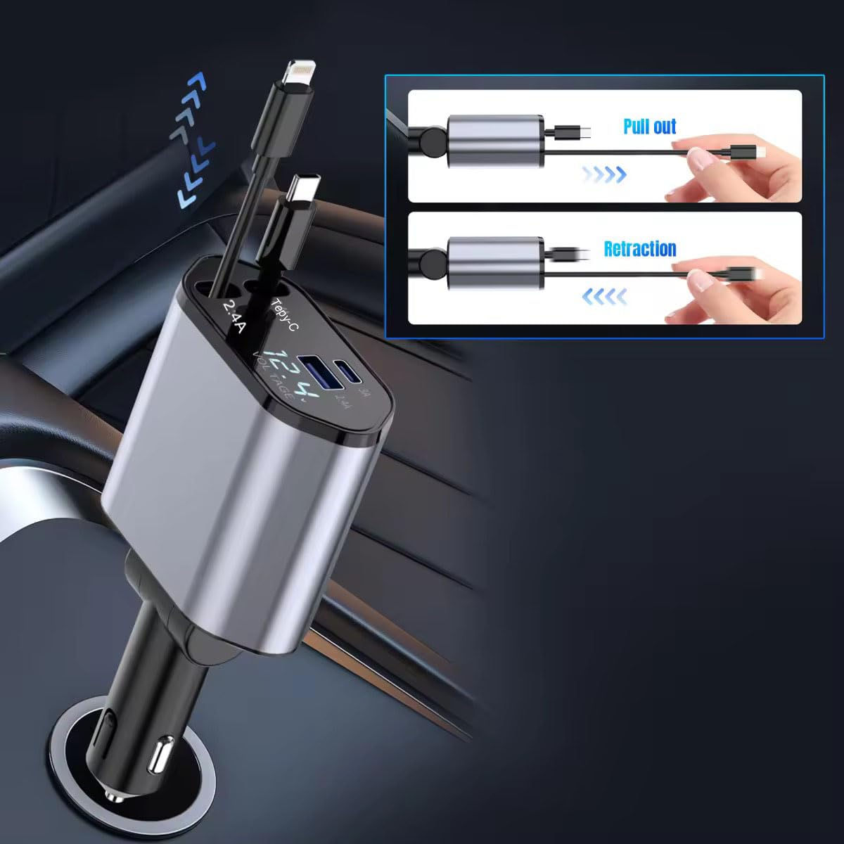 120W Fast Car Charger, 4-in-1 with Retractable C-type and Lightning Cables, USB-A & PD Ports