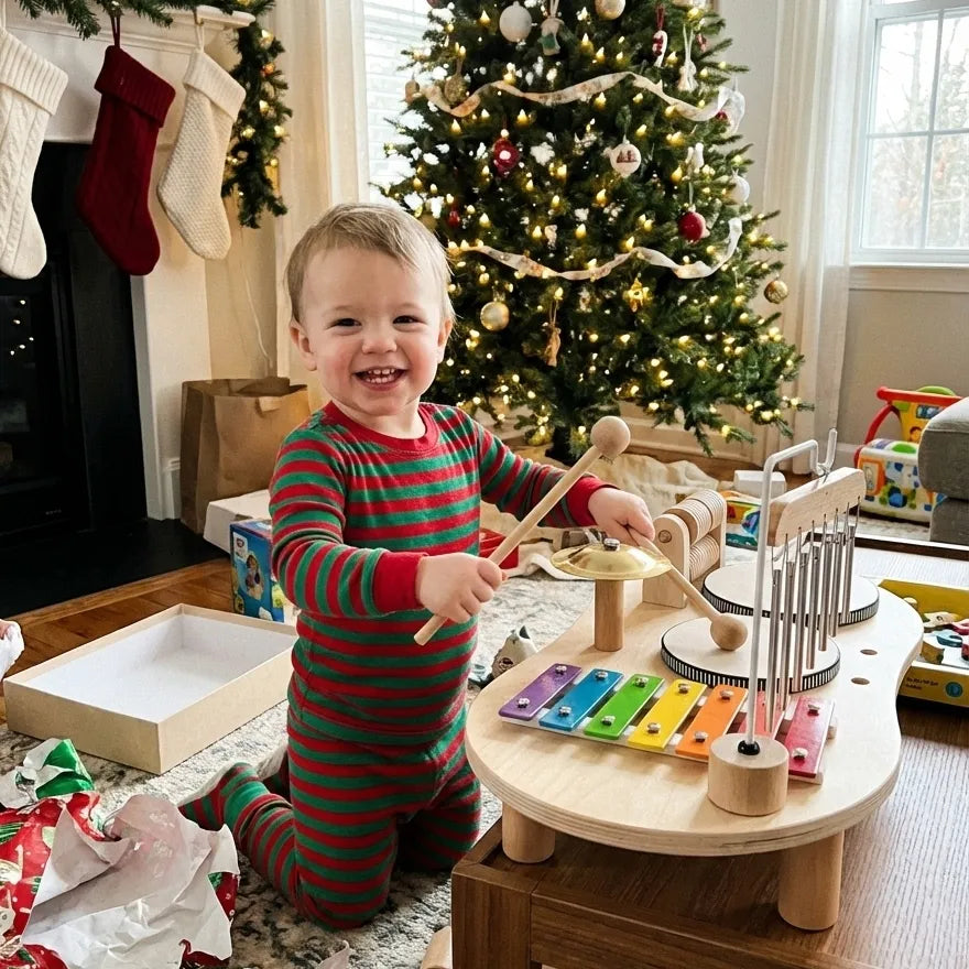 Wooden musical toy supporting sensory development and hand-eye coordination