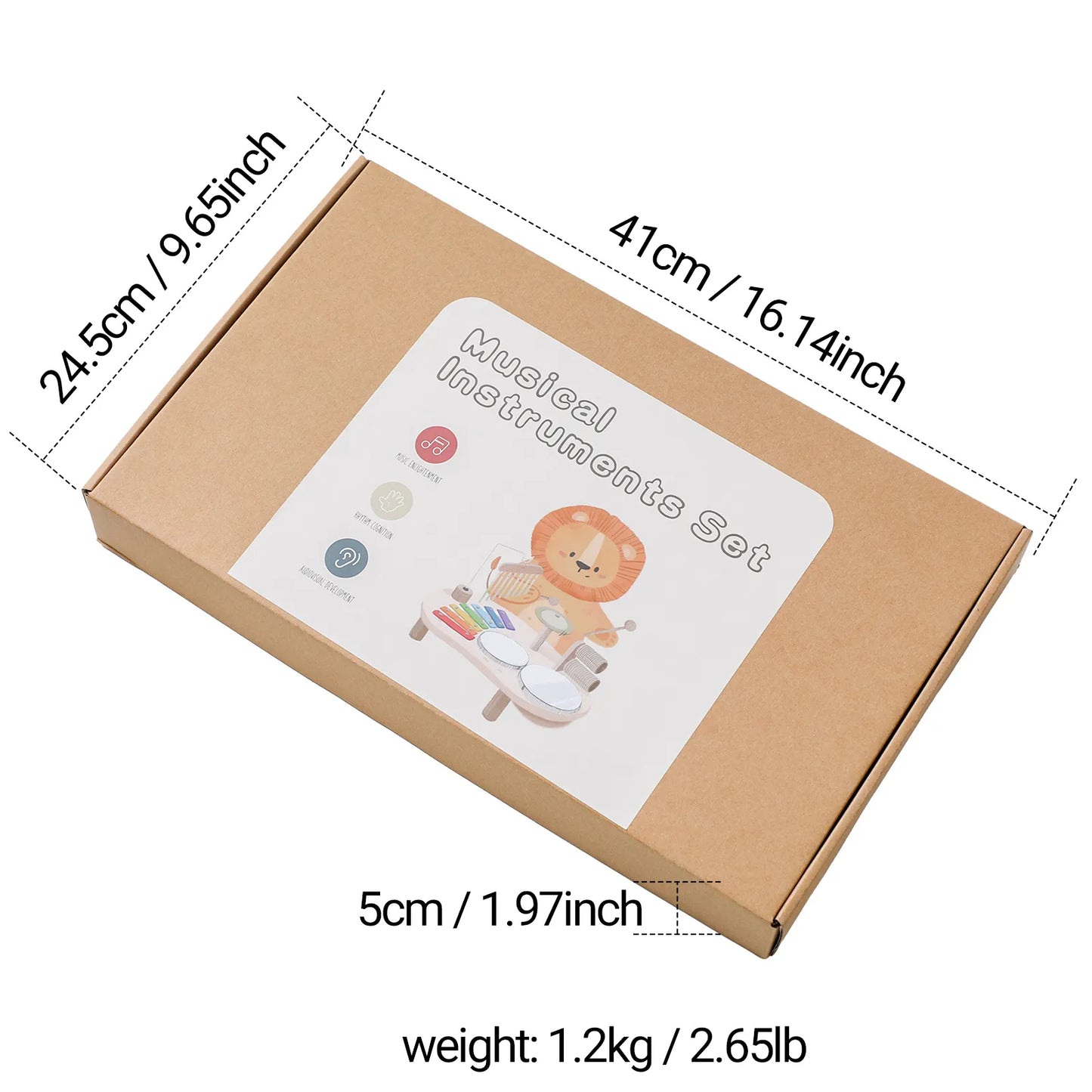 Toddler developing fine motor skills while playing wooden drum and xylophone