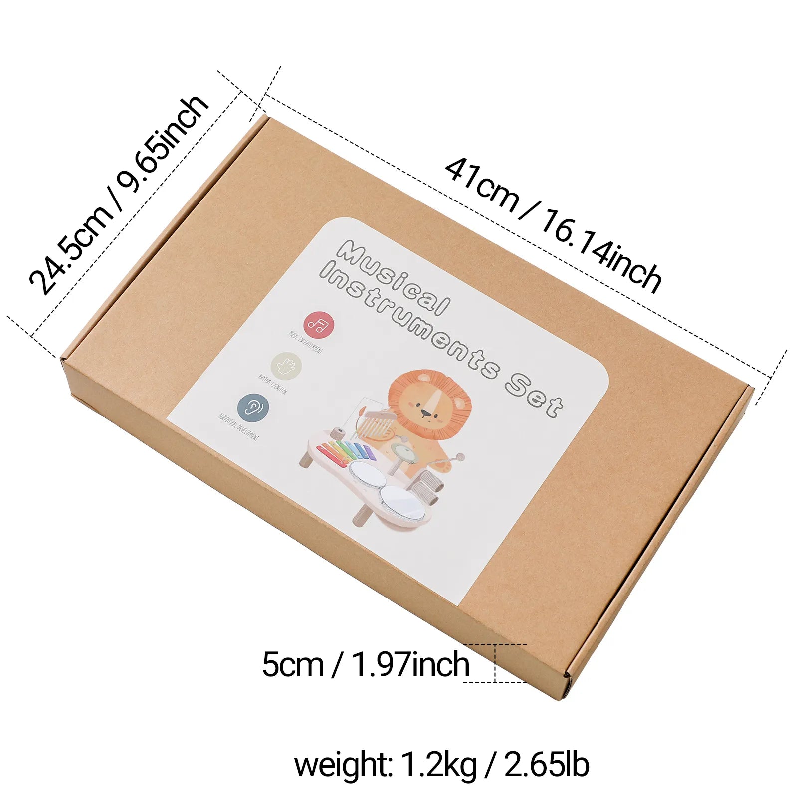 Toddler developing fine motor skills while playing wooden drum and xylophone