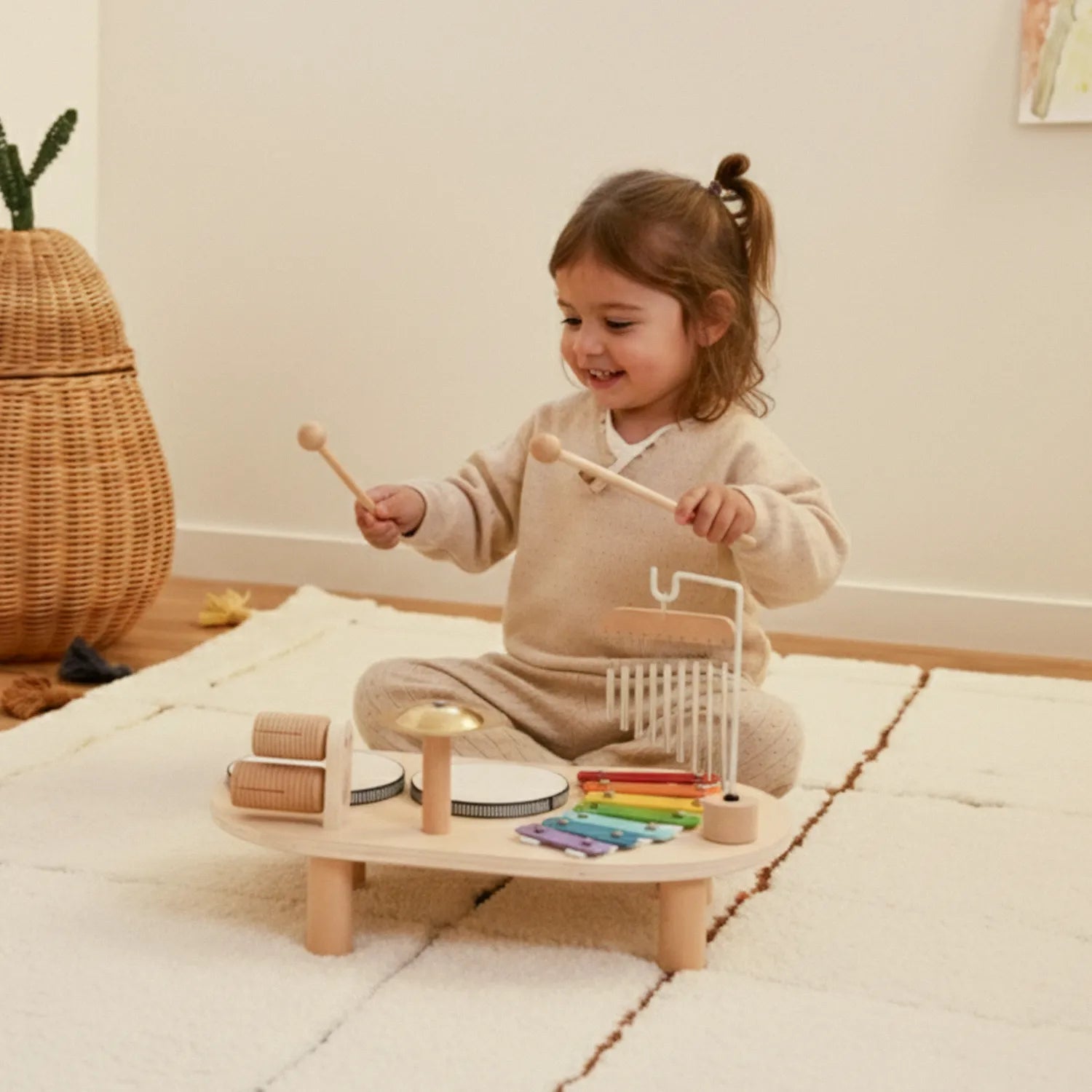 Toddler playing with wooden percussion instruments during indoor playtime