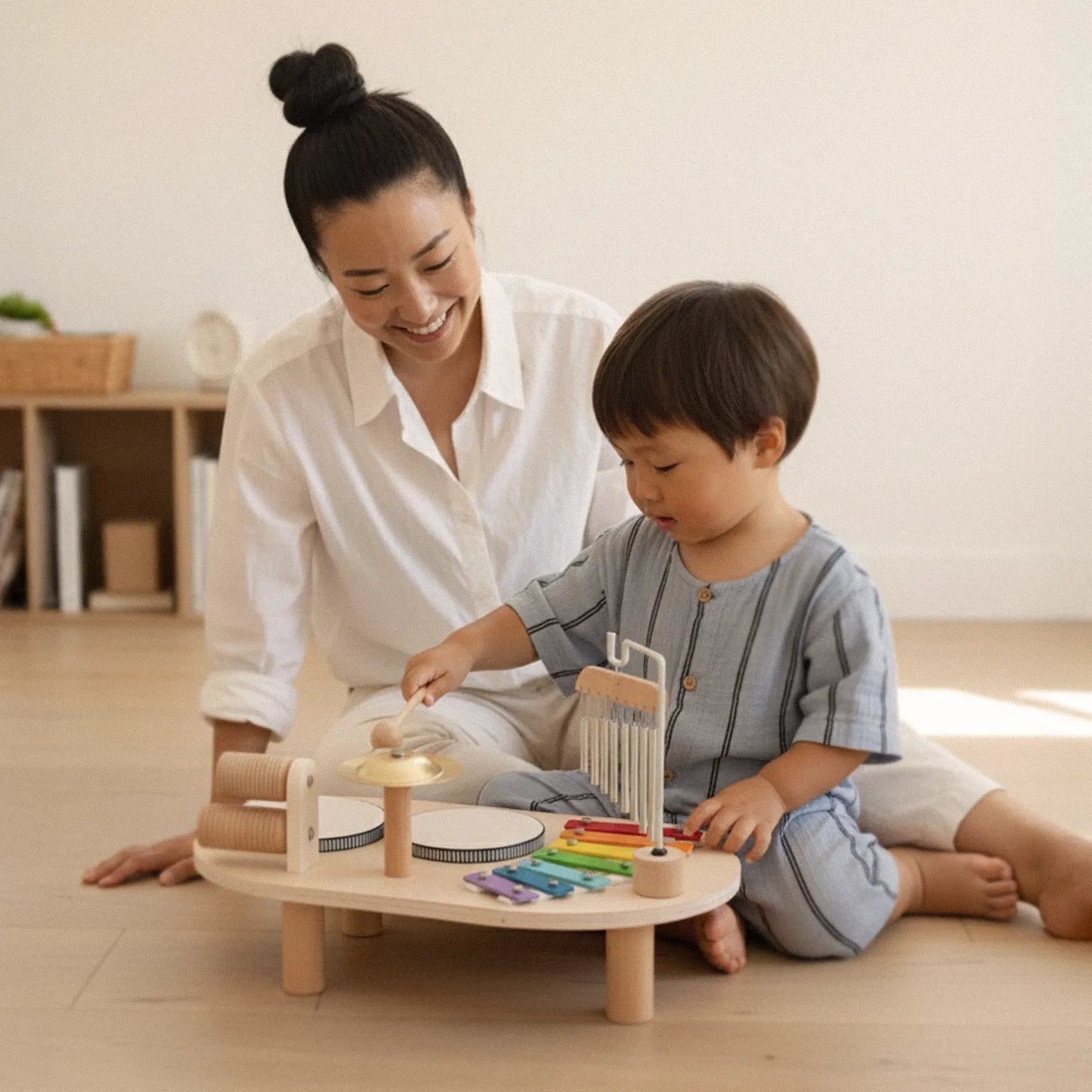 Solid wooden drum and cymbal with child-safe construction