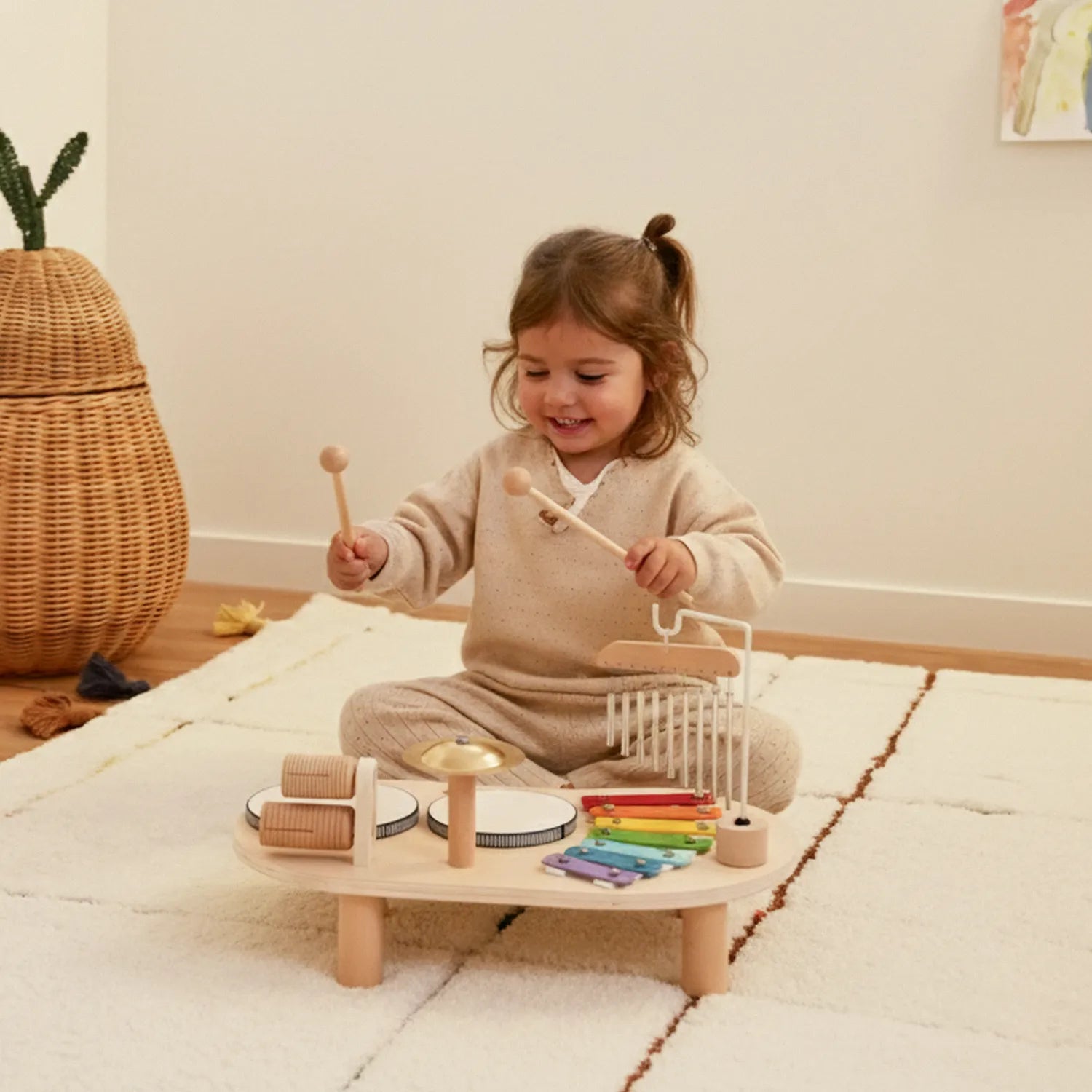 Young child exploring rhythm and sound with a Montessori-style percussion music set