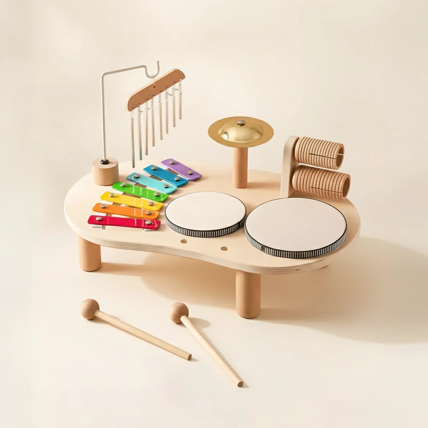 Educational wooden music toy for toddlers focused on rhythm, sound exploration and motor skills
