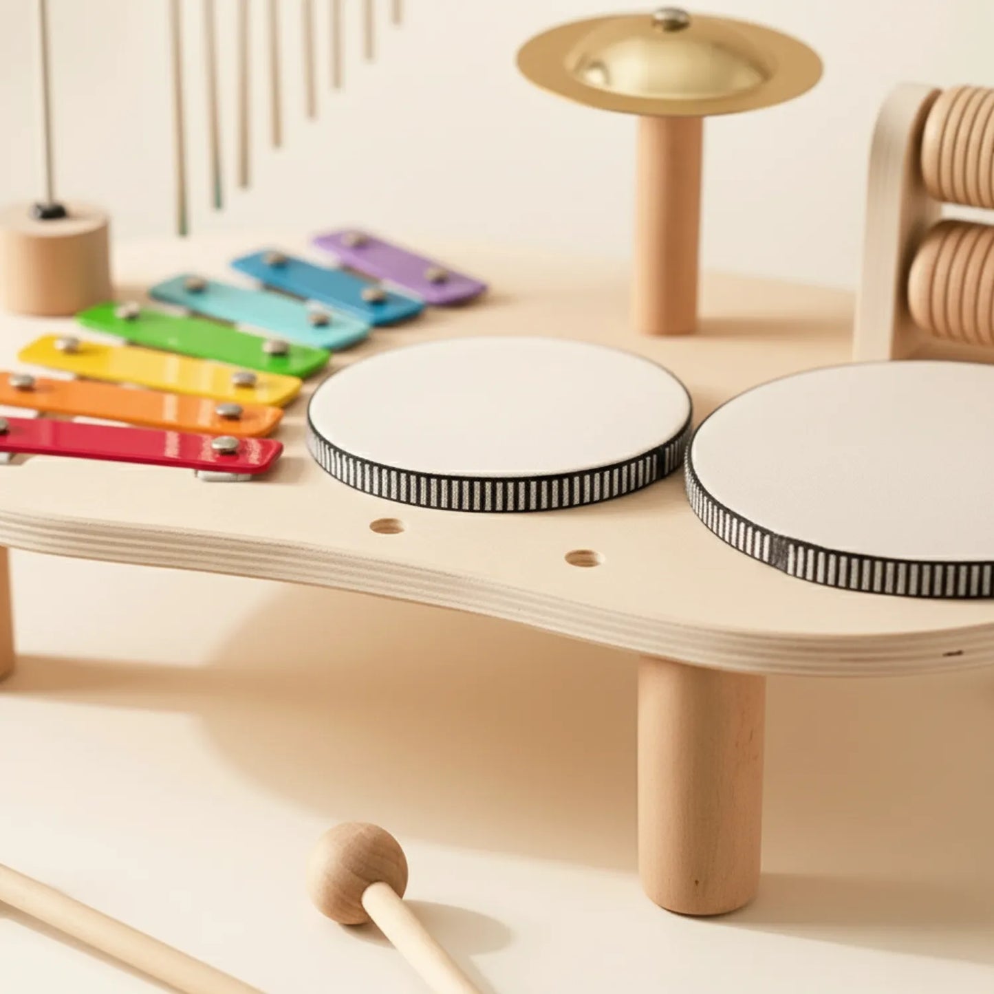 Compact wooden percussion music set for indoor play and early musical development