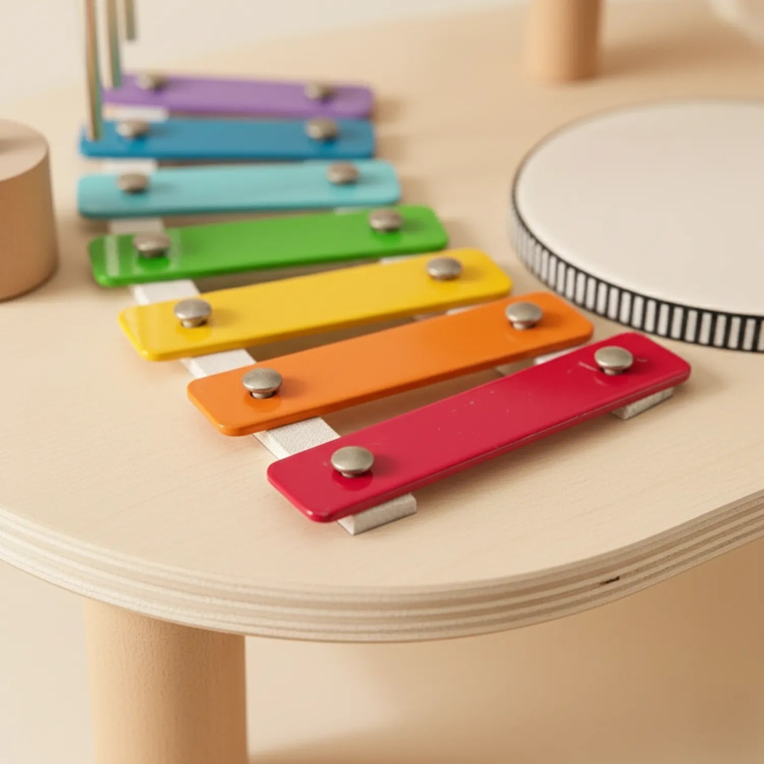 Toddler percussion instrument set with real wooden drum, cymbal and colorful xylophone keys