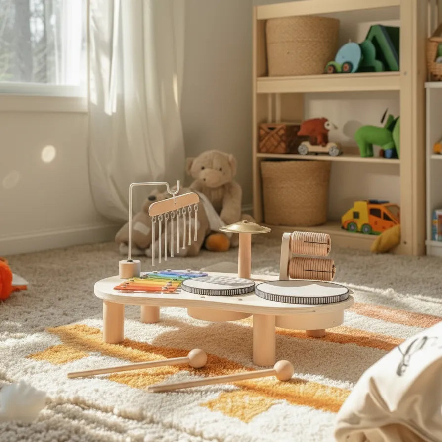 Early childhood music exploration with hands-on wooden percussion toys