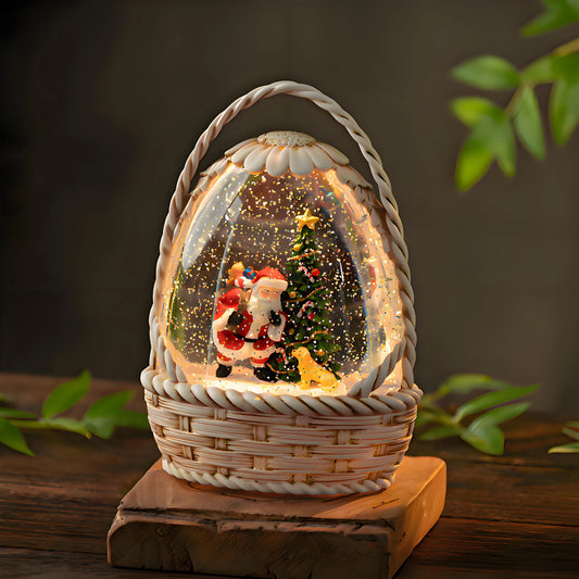 Christmas tree with deer inside a lighted snow globe lantern, indoor holiday decoration.