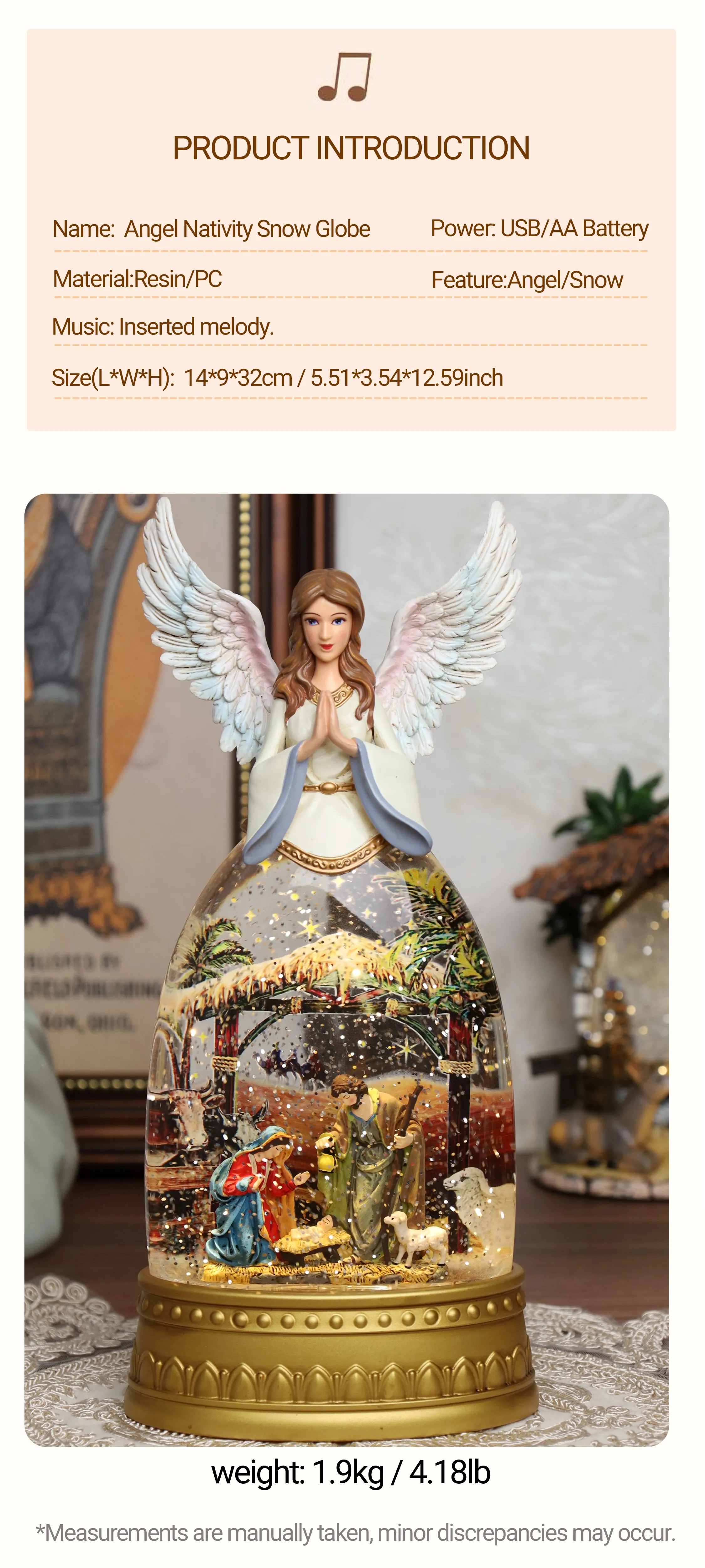 Large Christian Christmas décor snow globe for mantel or tabletop display