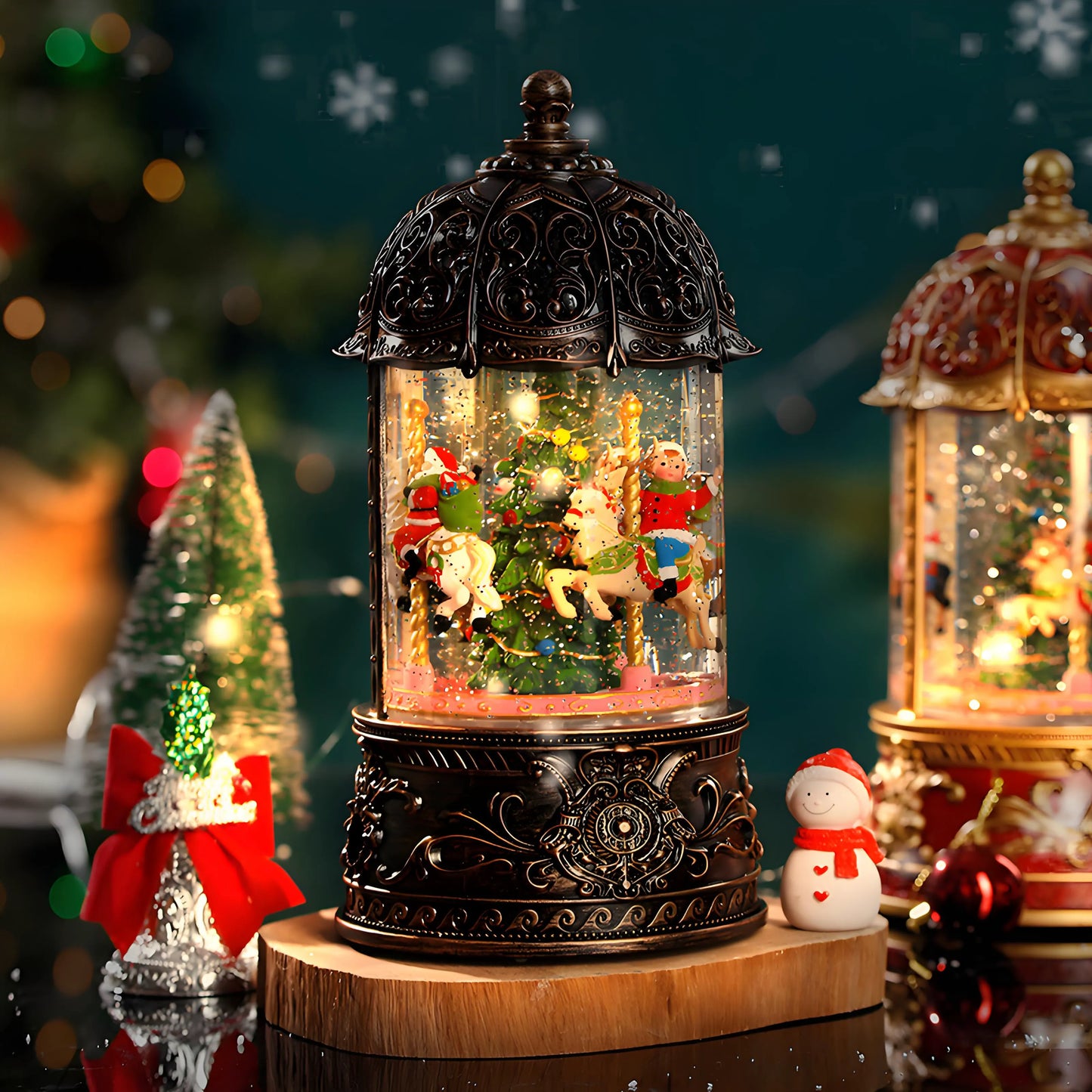 Classic Christmas carousel music box, snow globe with Santa, reindeer, vintage bronze design, holiday decor, festive gift.