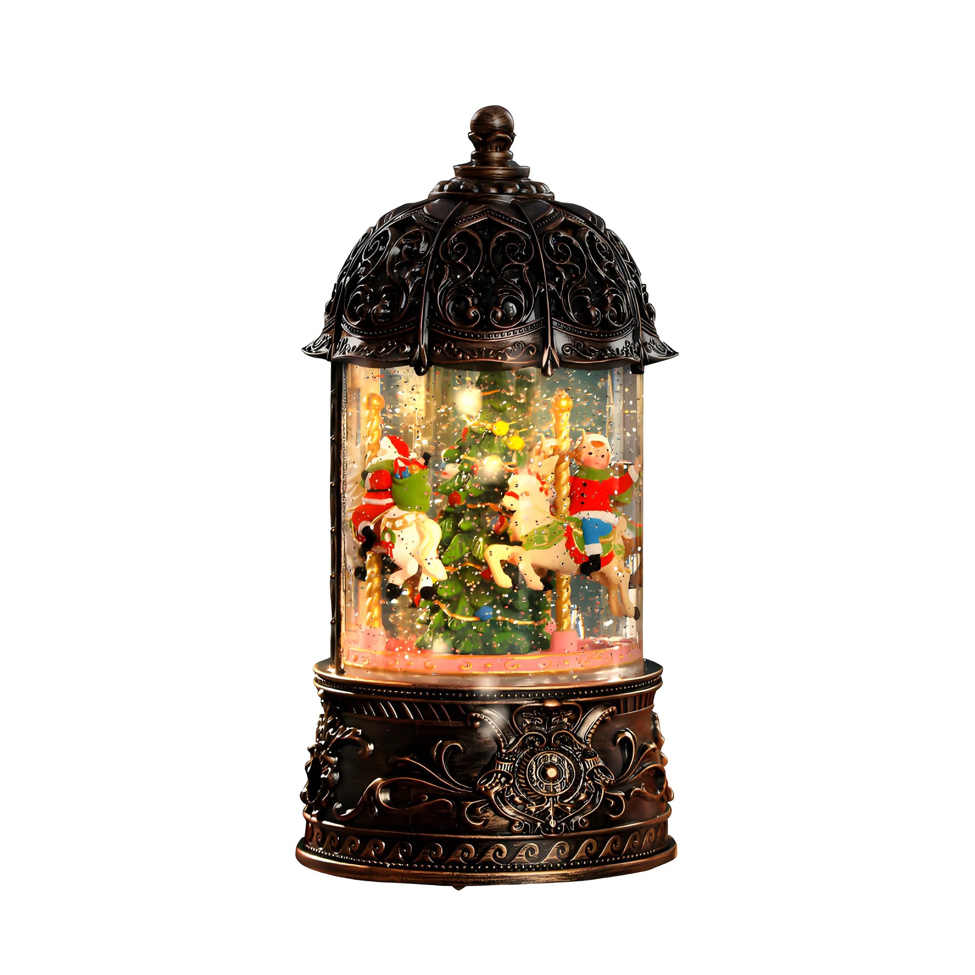 Decorative Christmas carousel music box, a charming snow globe centerpiece with Santa and reindeer figures, perfect for mantelpieces or as a unique festive present, featuring an antique-inspired design.