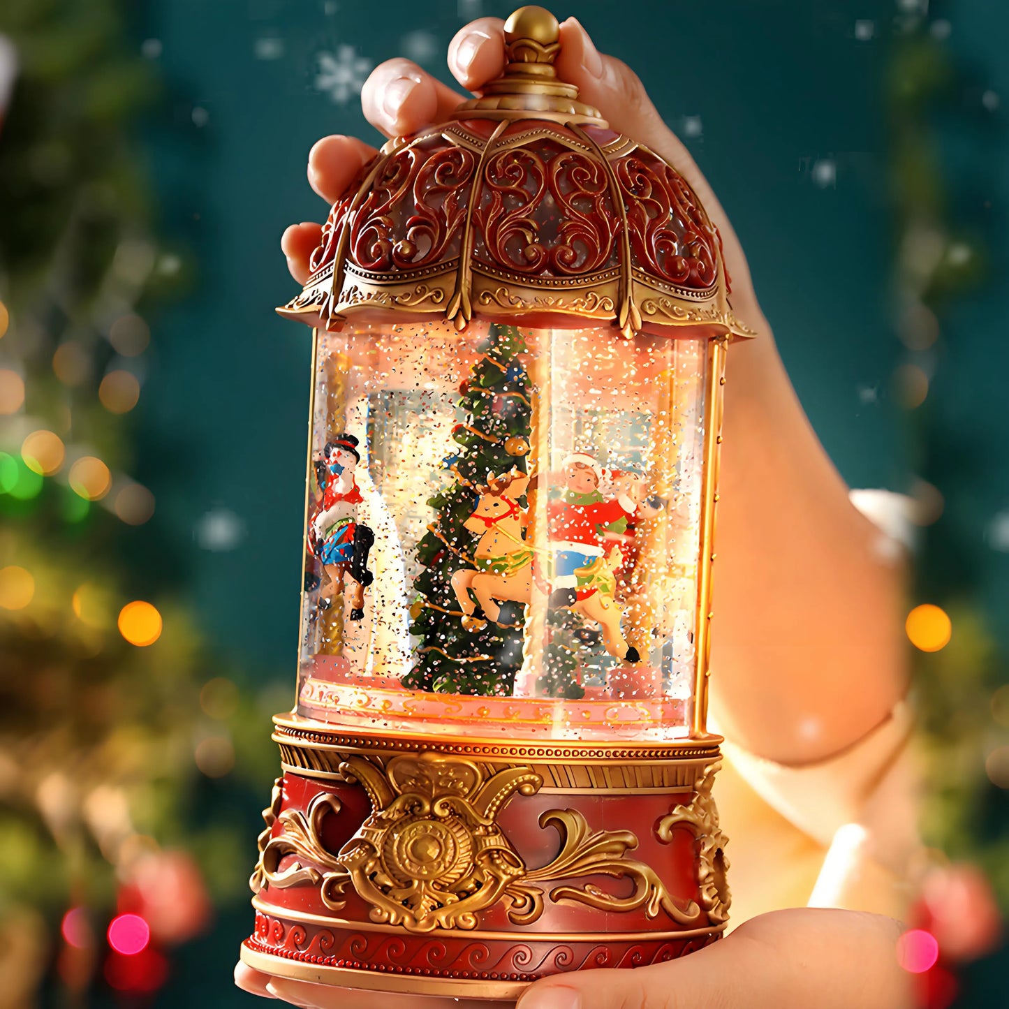 Decorative Christmas carousel music box, a charming snow globe centerpiece with Santa and reindeer figures, perfect for mantelpieces or as a unique festive present, featuring an antique-inspired design.