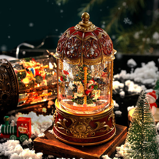 Enchanting Christmas music box, a classic carousel snow globe design, bringing festive cheer and a touch of nostalgia to any room, featuring charming Santa and reindeer figures