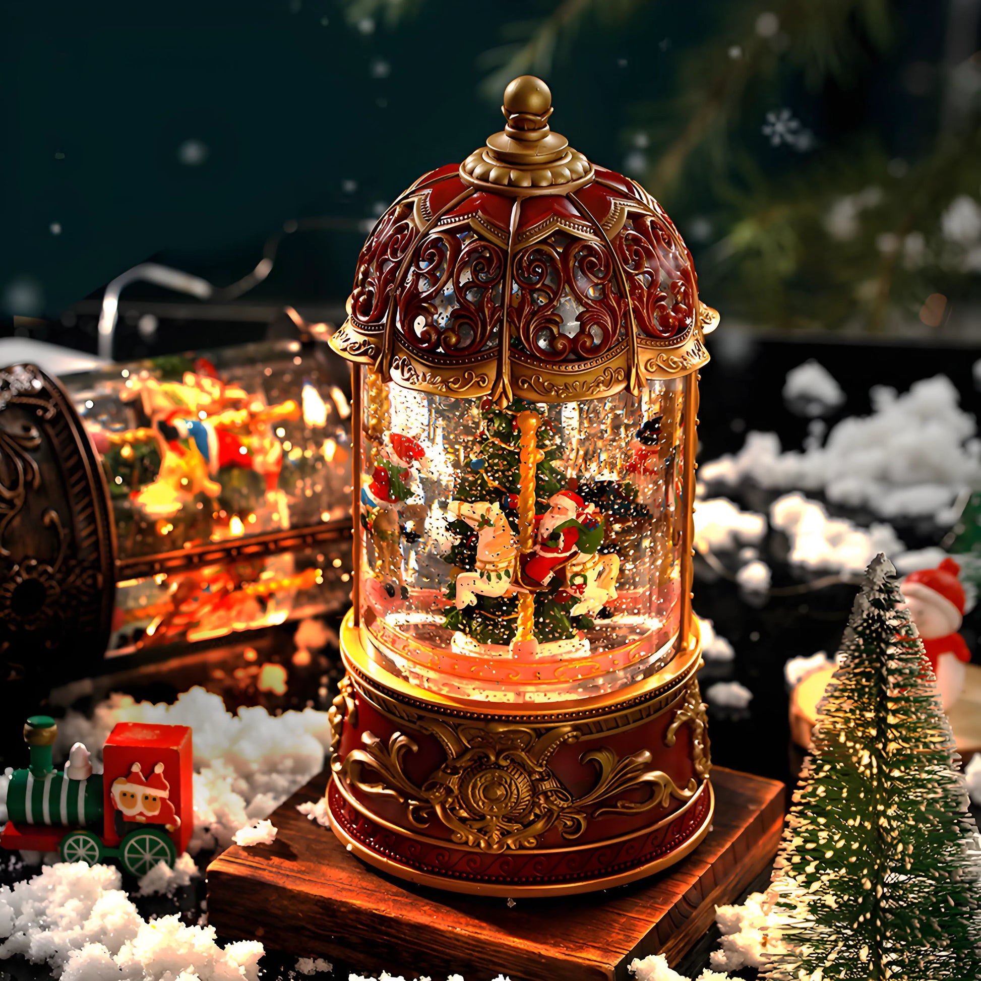 Enchanting Christmas music box, a classic carousel snow globe design, bringing festive cheer and a touch of nostalgia to any room, featuring charming Santa and reindeer figures