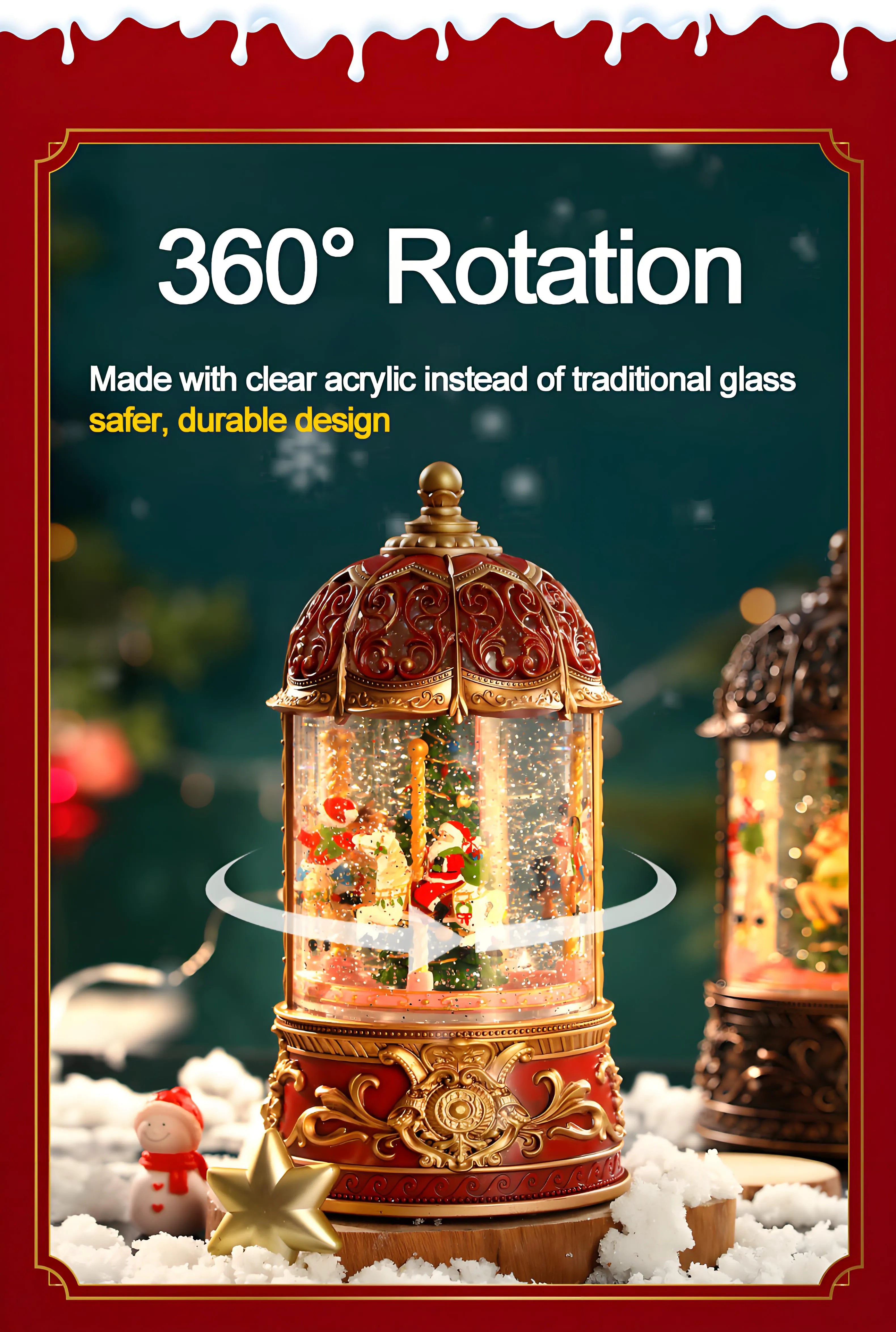 Vintage Christmas carousel music box with a rotating snow globe, depicting Santa Claus and reindeer, set on an antique bronze base with musical note engravings, perfect for holiday decor and gifts.