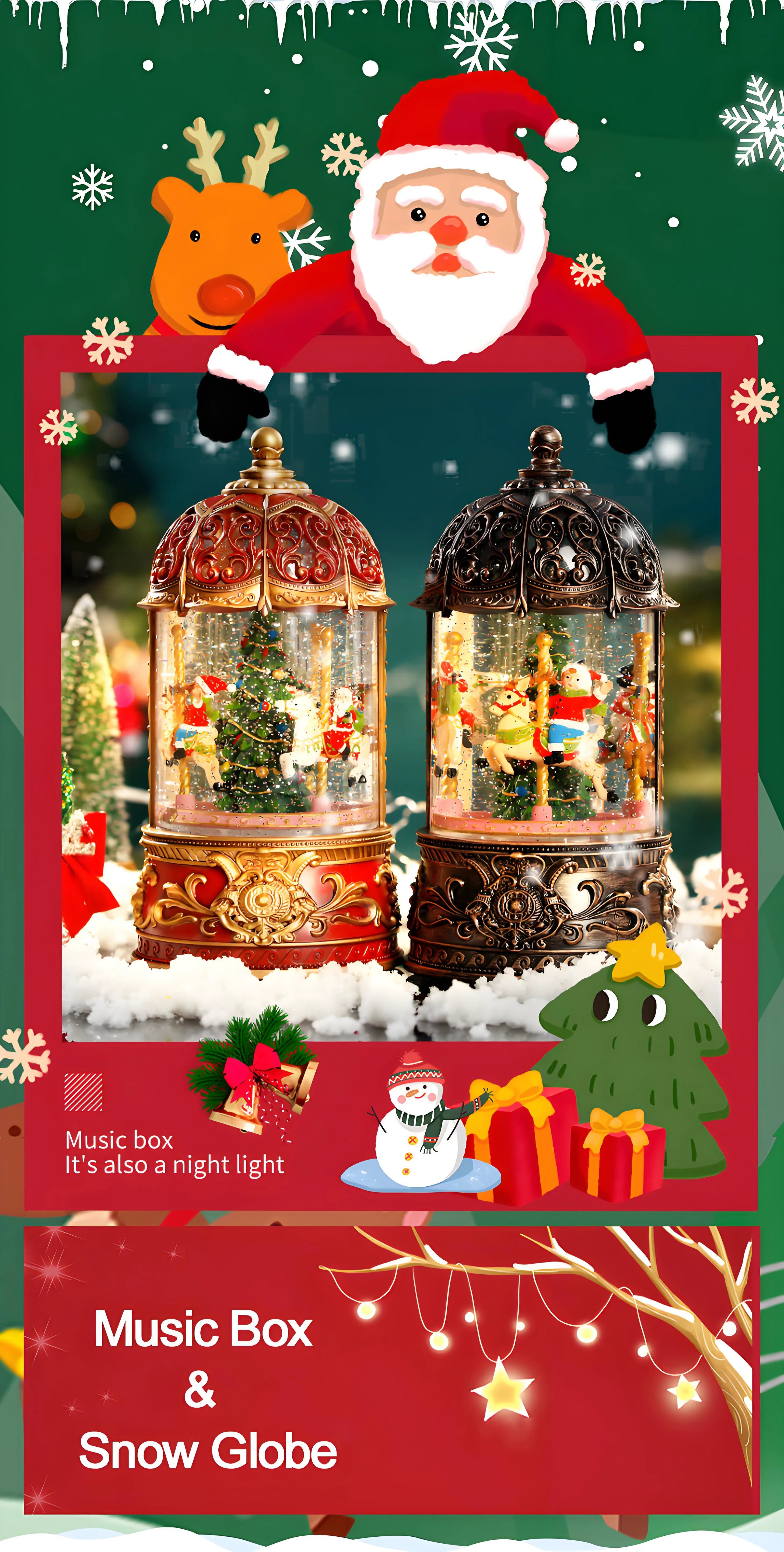 Vintage Christmas carousel music box with a rotating snow globe, depicting Santa Claus and reindeer, set on an antique bronze base with musical note engravings, perfect for holiday decor and gifts.