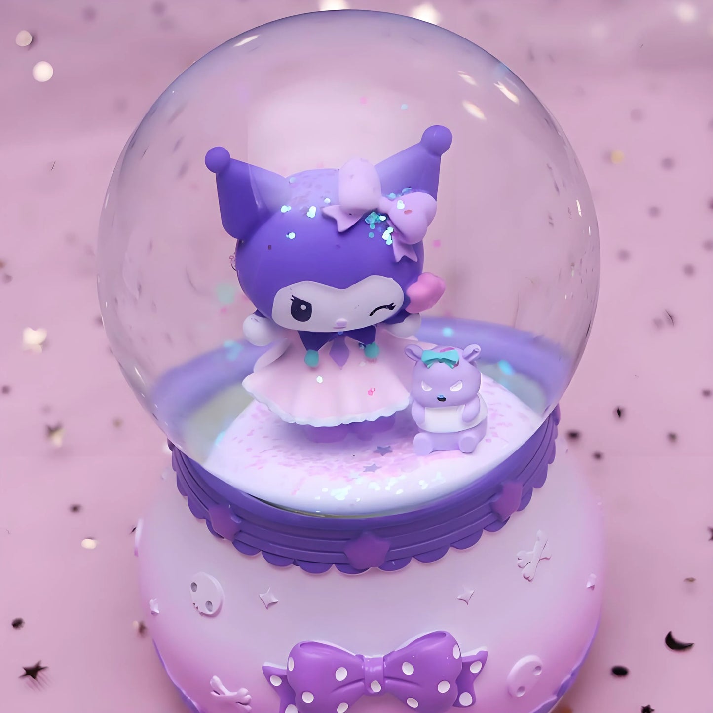 Rotating bunny music box with LED lights and snowing effect inside the globe.